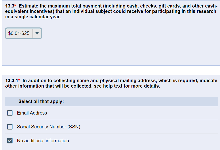 View of eResearch questions 13.3 and 13.3.1 as filled out for incentive up to $100