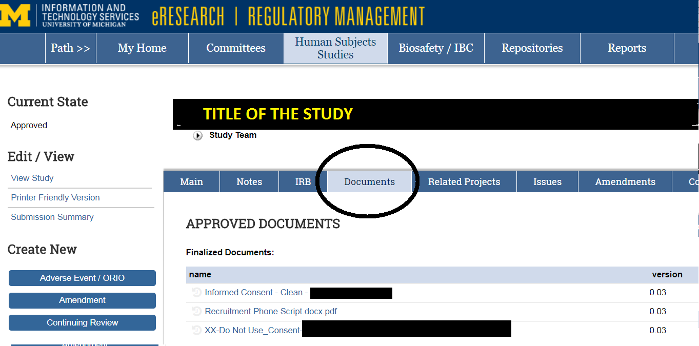 2.	A screenshot of “Documents” functionality where approved documents are located 