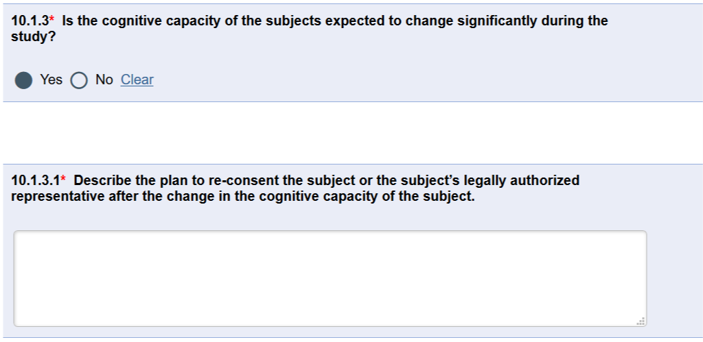 Question 10.1.3 and 10.1.3.1 in the Consent section of the eResearch HUM