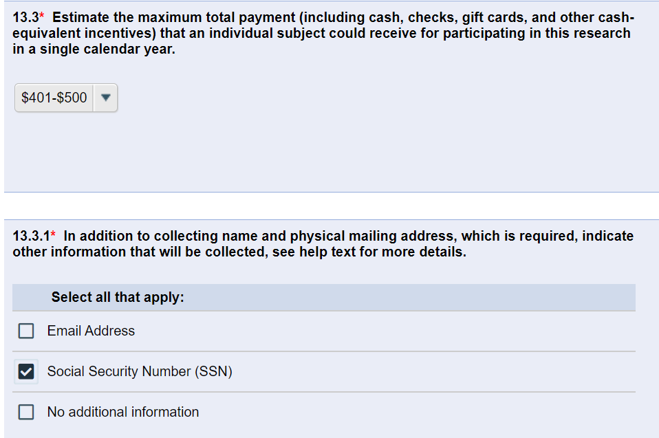 Example of filling out eResearch questions 13.3 and 13.3.1 when payment is $401 or more